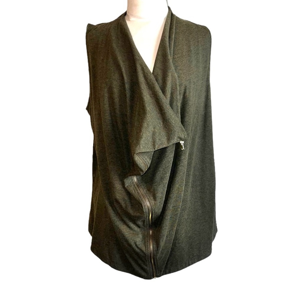 J. Crew Dark Olive Knit Zip Vest Sz Medium Gold Zipper Unique Style